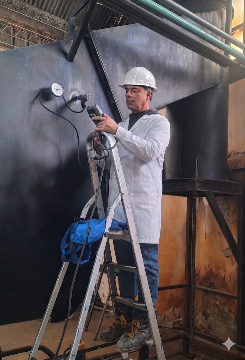 Técnico midiendo variables de combustión en caldera industrial